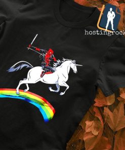 Marvel Deadpool riding a unicorn on a rainbow shirt