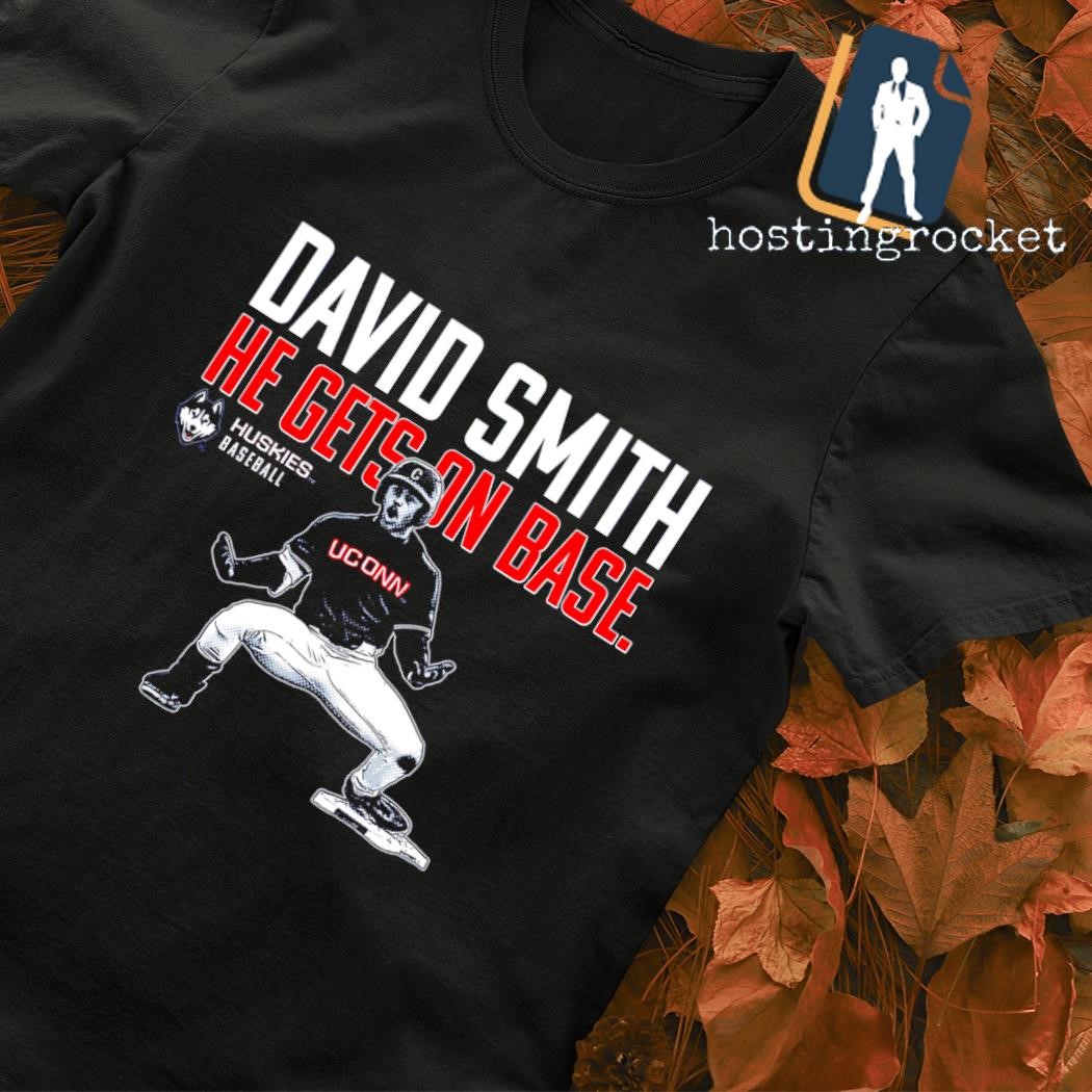 David Smith he gets on base Huskies baseball shirt